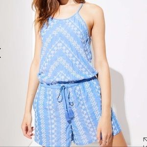 LOFT Blue cotton romper with white embroidery, size Medium.